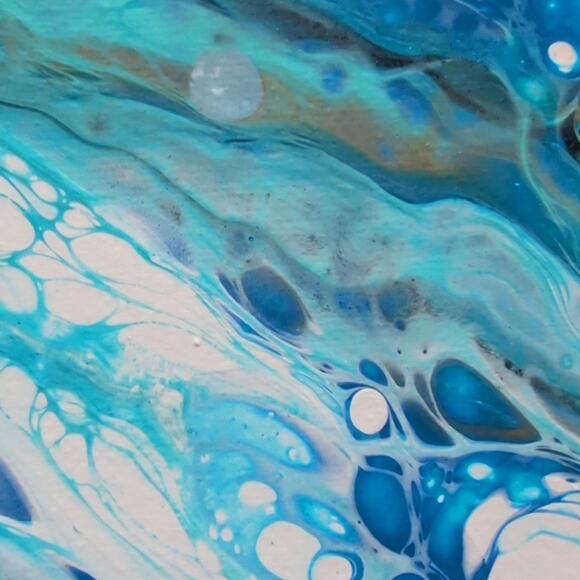 Handmade Acrylic Fluid Art Bloom Blue and White On Stretched Canvas 10"×10" - Picture 4 of 5
